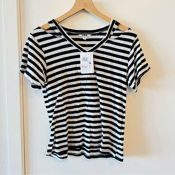 NWT LNA Stripe Cut Out Crop Tee White Black S - Picture 2 of 5